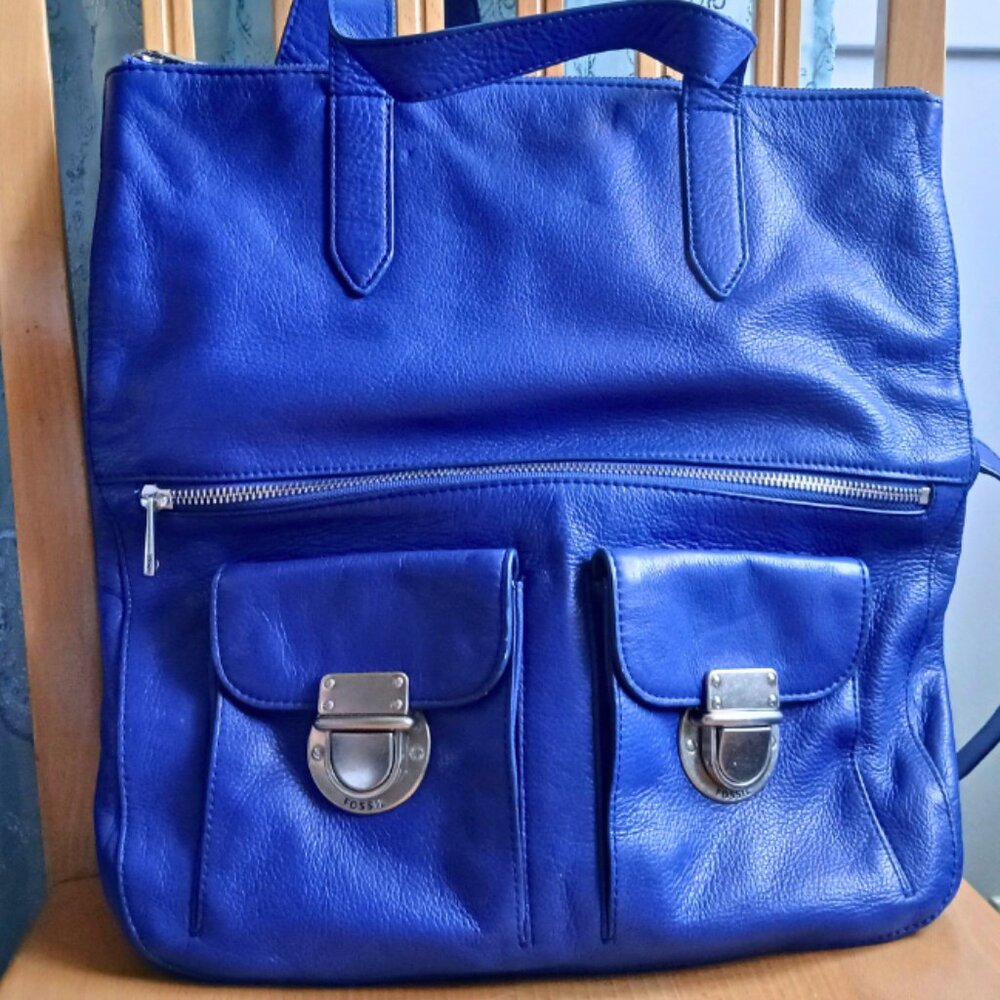 Fossil Blue Crossbody Riley Large Fold Over Tote Bag Purse Versatile Spacious